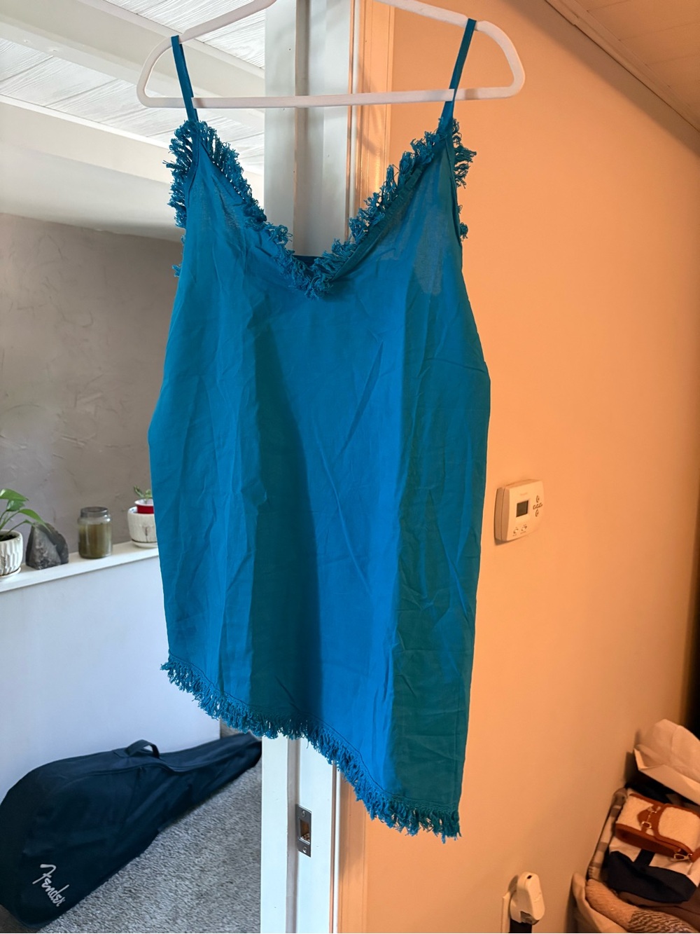 Turquoise Fringe Trim minimalist Slip mini-dress.